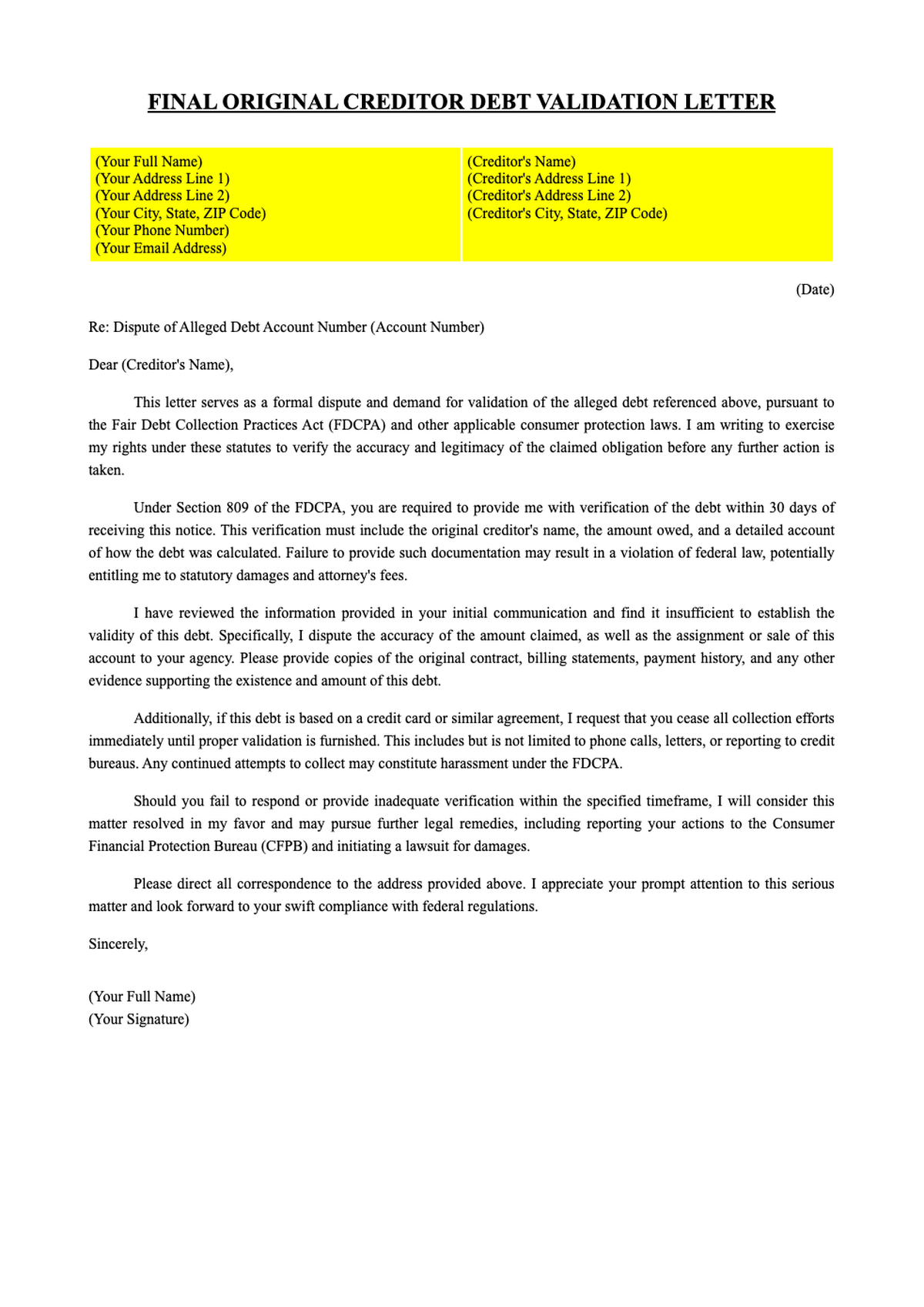 Final original creditor debt validation letter template with highlighted placeholders_variant_3